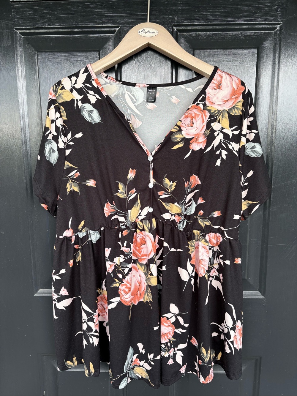 Emery Rose Black Floral V-Neck Top
